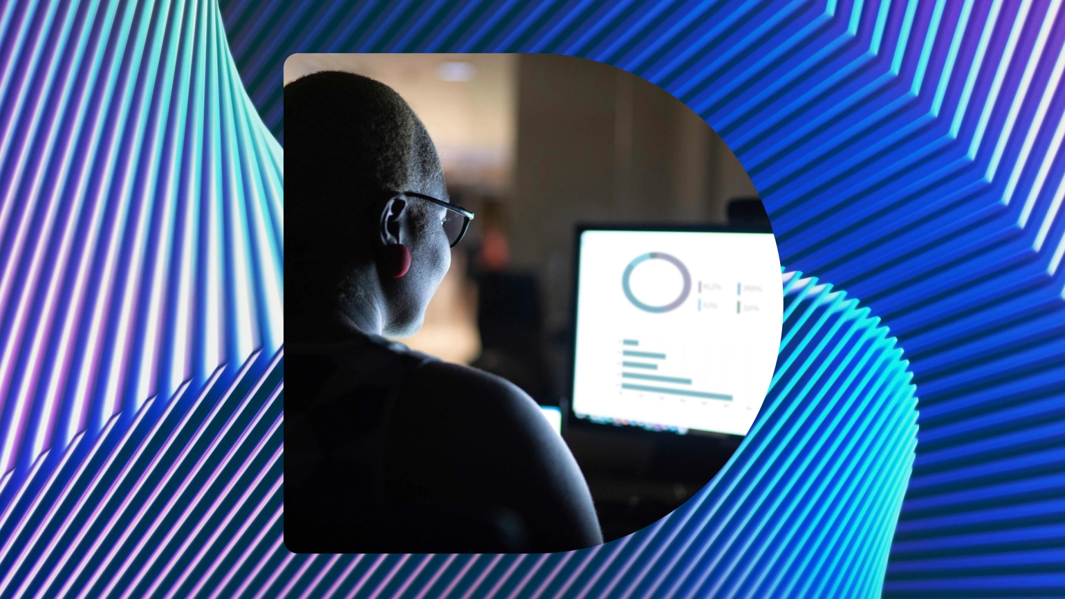 A photograph of a person looking at a screen, sitting in a frame shaped in the letter D, surrounded by a blue, lined graphic design