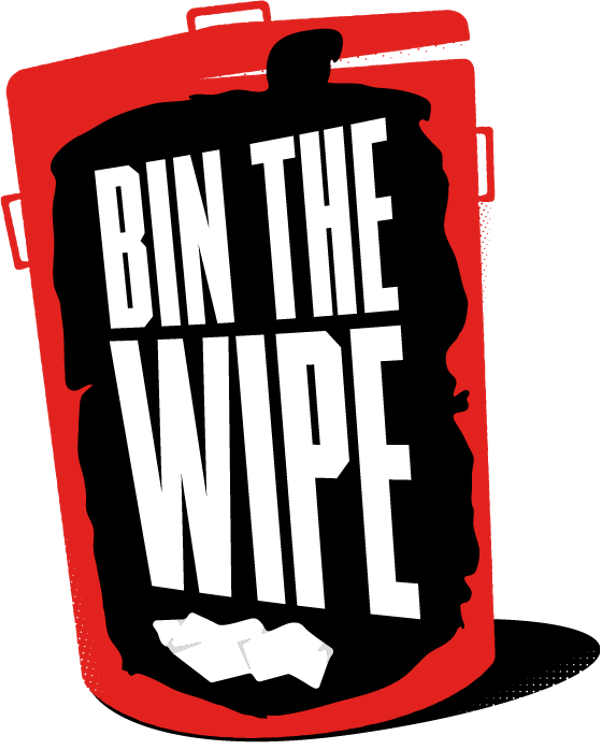the text 'BIN THE WIPE' appears on a black background upon a red bin