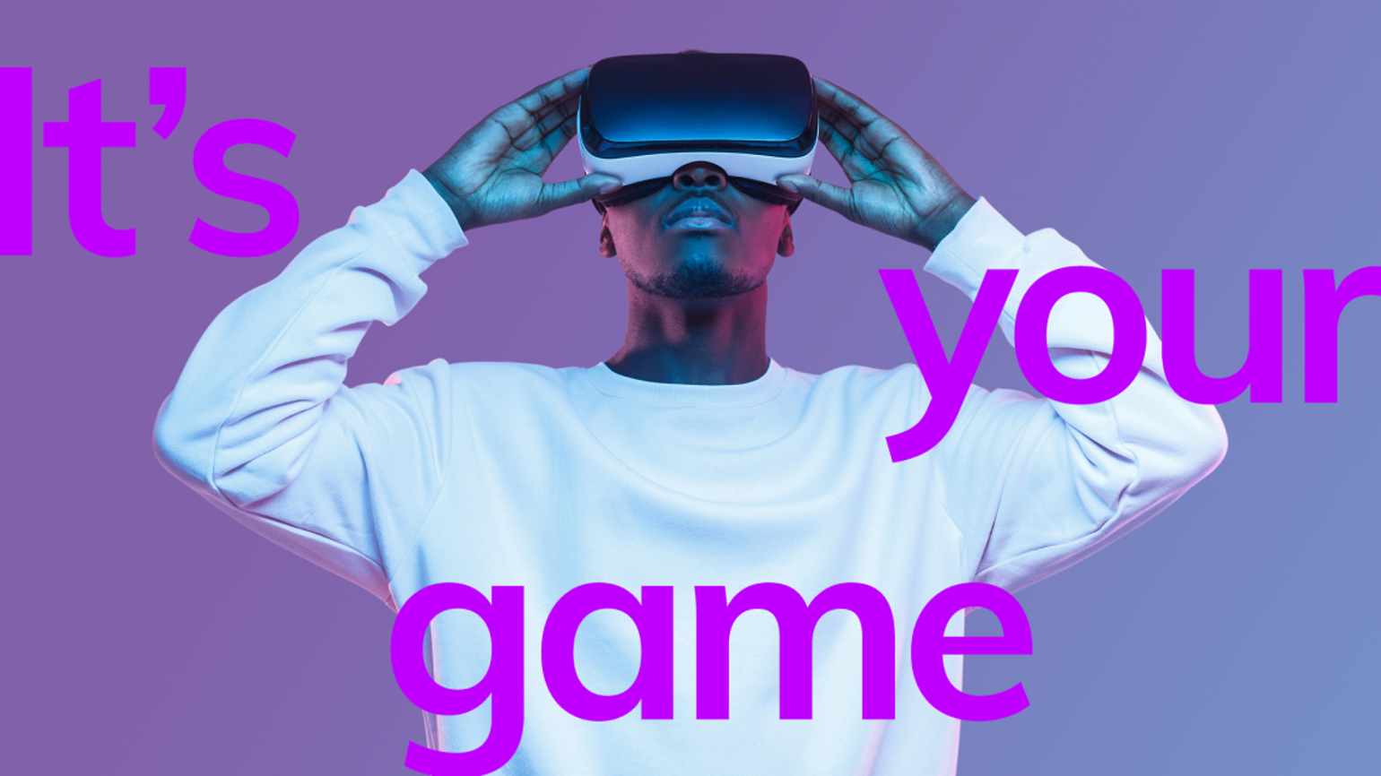 A man in white sweatshirt wearing a VR set