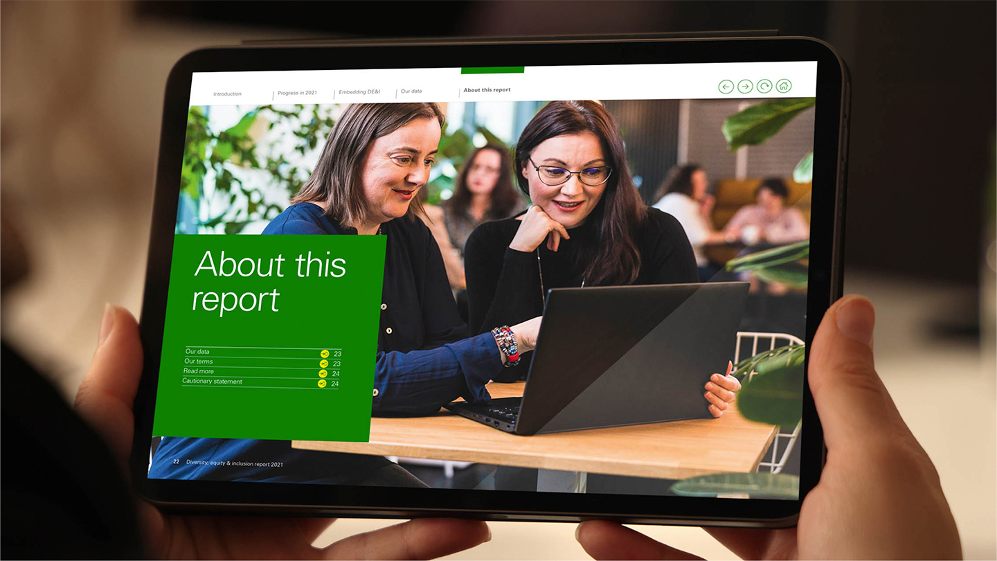 Example of the report within a tablet with an image of two women working together at a laptop on the right and then the title of about this report on the left