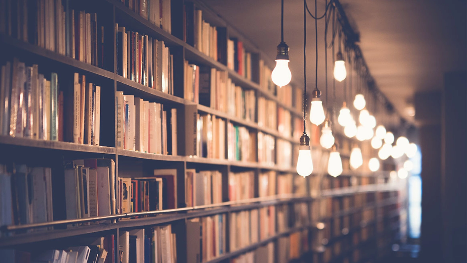A dark library, lit from above by a row of lightbulbs