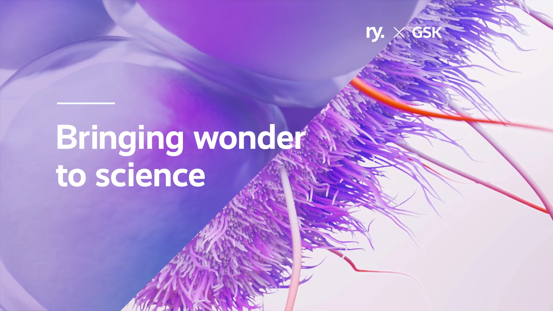 The text reading 'Bringing wonder to science' sits on purple background made of purple cells that represents GSK x ry