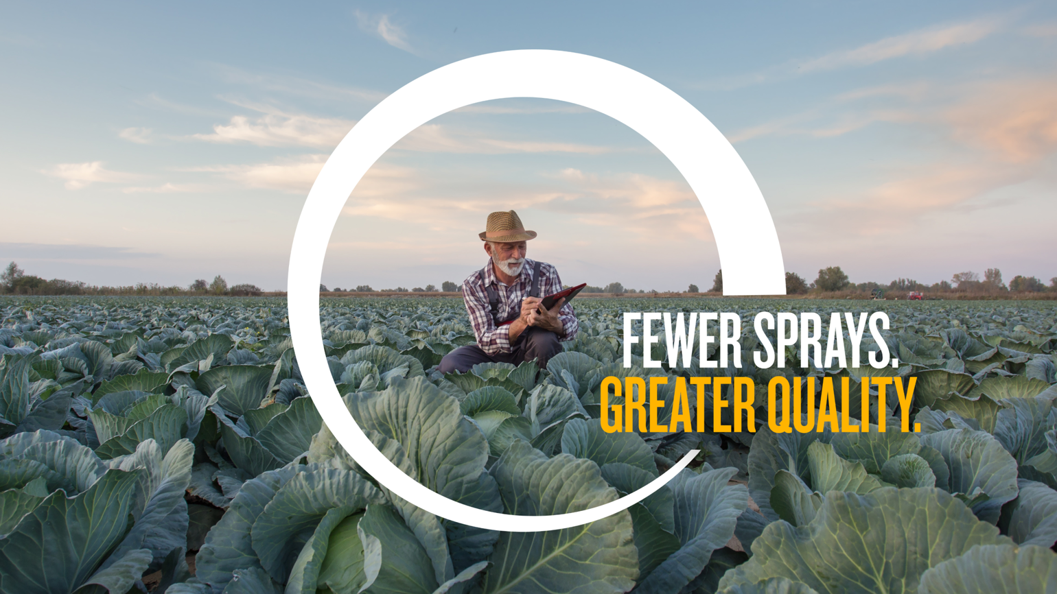 A man on a vegetable field with Plinazolin's slogan Fewer sprays greater quality