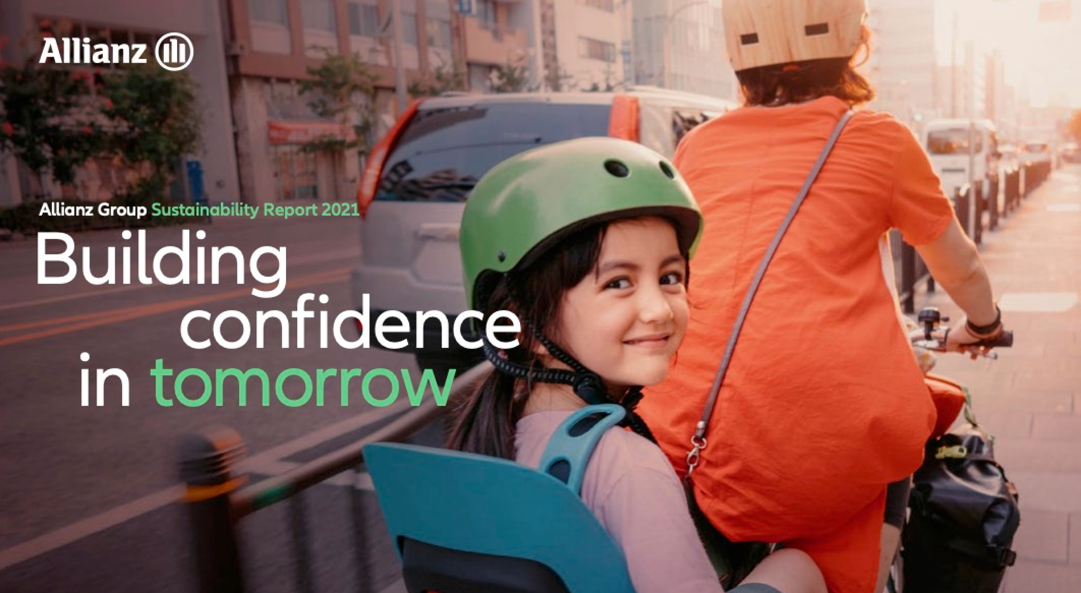 The cover page of Allianz's sustainability report with a girl on a bicycle who is smiling