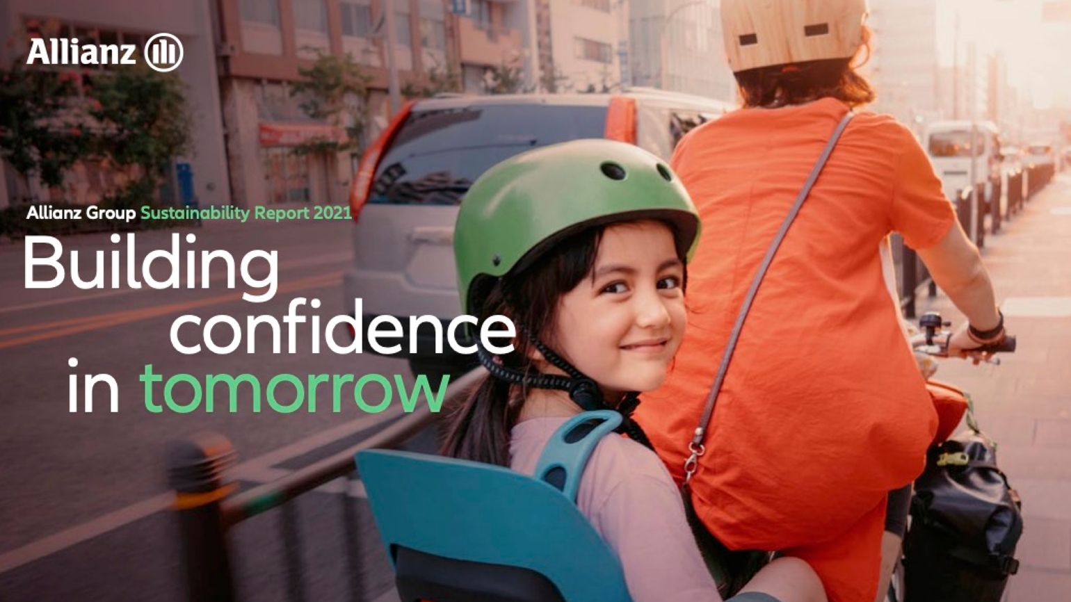 The cover page of Allianz's sustainability report with a girl on a bicycle who is smiling