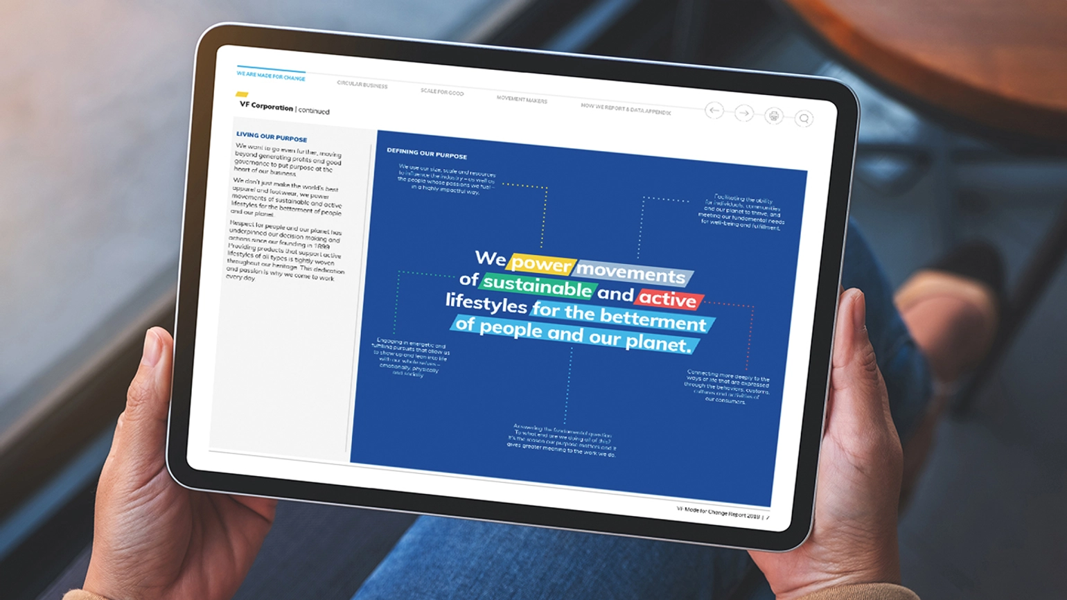 The display of VF sustainability report on a tablet device