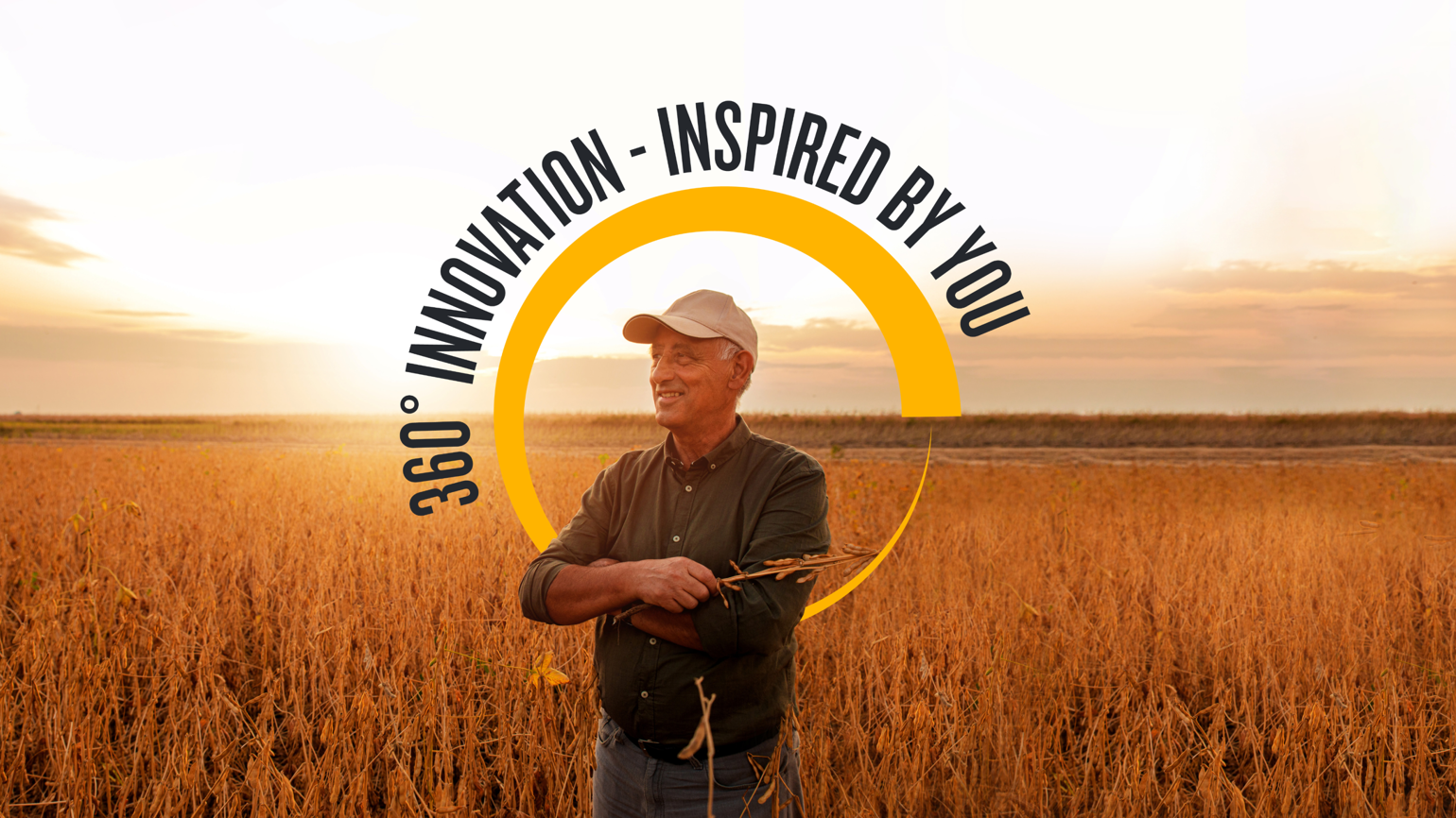 A man standing on the field with Plinazoline's slogan 360 innovation - Inspired by you